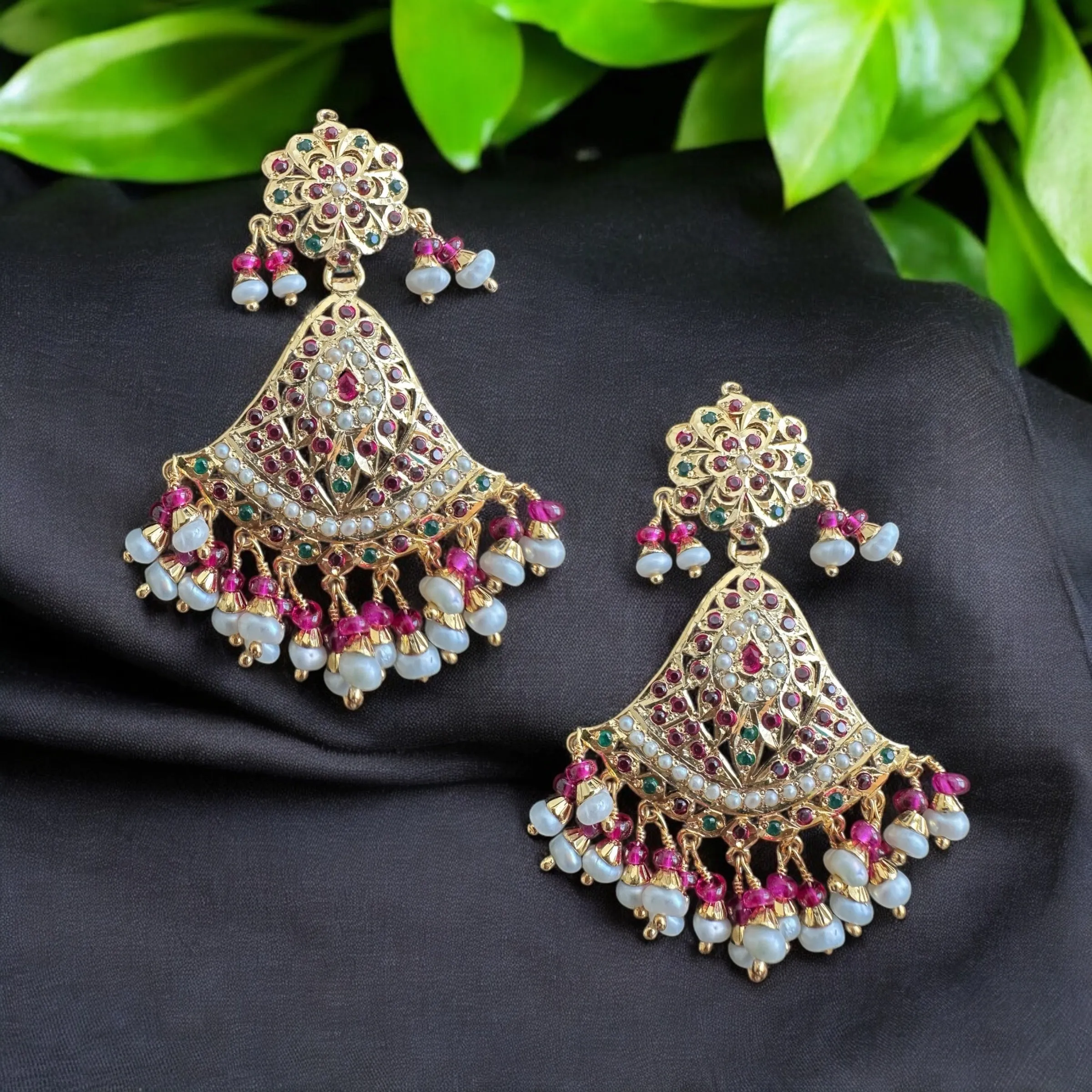 Gold plated silver earrings in ruby and emerlad  with pearls ( READY TO SHIP)