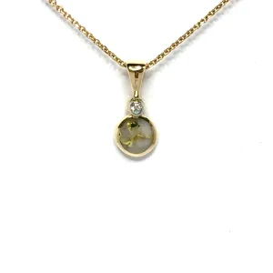 Gold Quartz Necklace Round Inlaid Pendant with .02ct Round Diamond