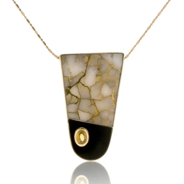 Gold Quartz, Onyx, and Golden Sapphire One of a Kind Pendant