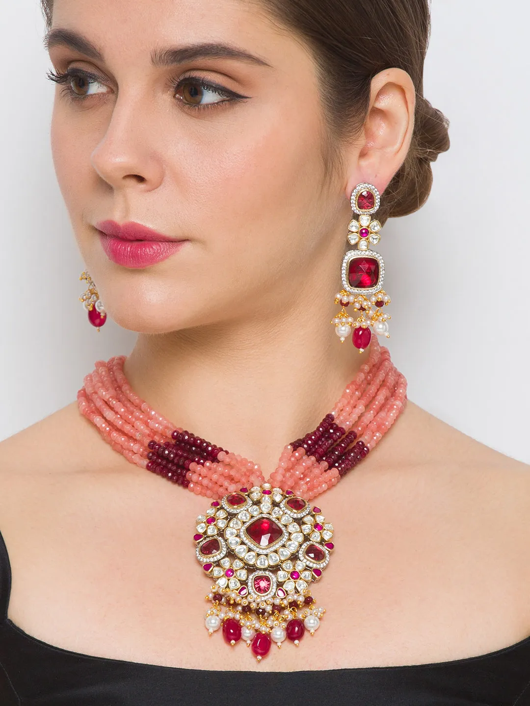 Golden, Pearly White, Peach, Maroon, Kundan Polki, Necklace Set