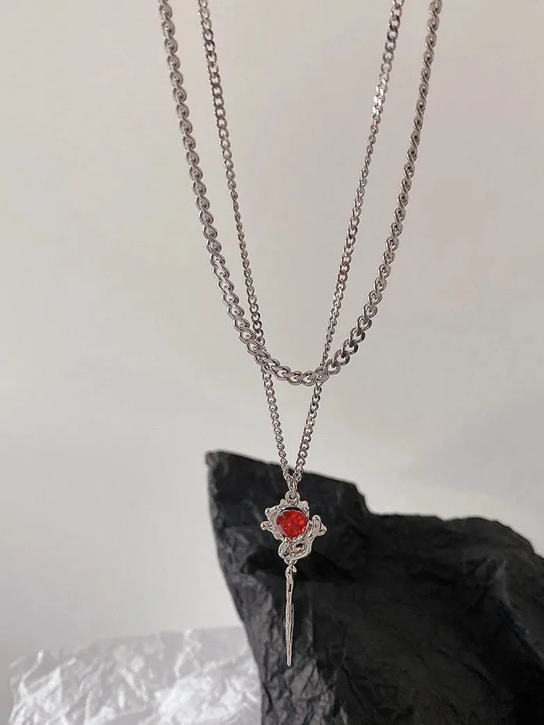 Gothic Ruby Pendant Double Layer Necklace