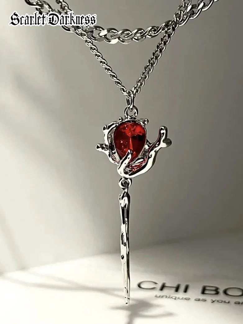 Gothic Ruby Pendant Double Layer Necklace