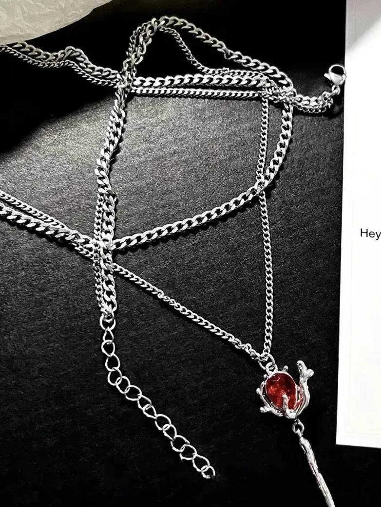 Gothic Ruby Pendant Double Layer Necklace