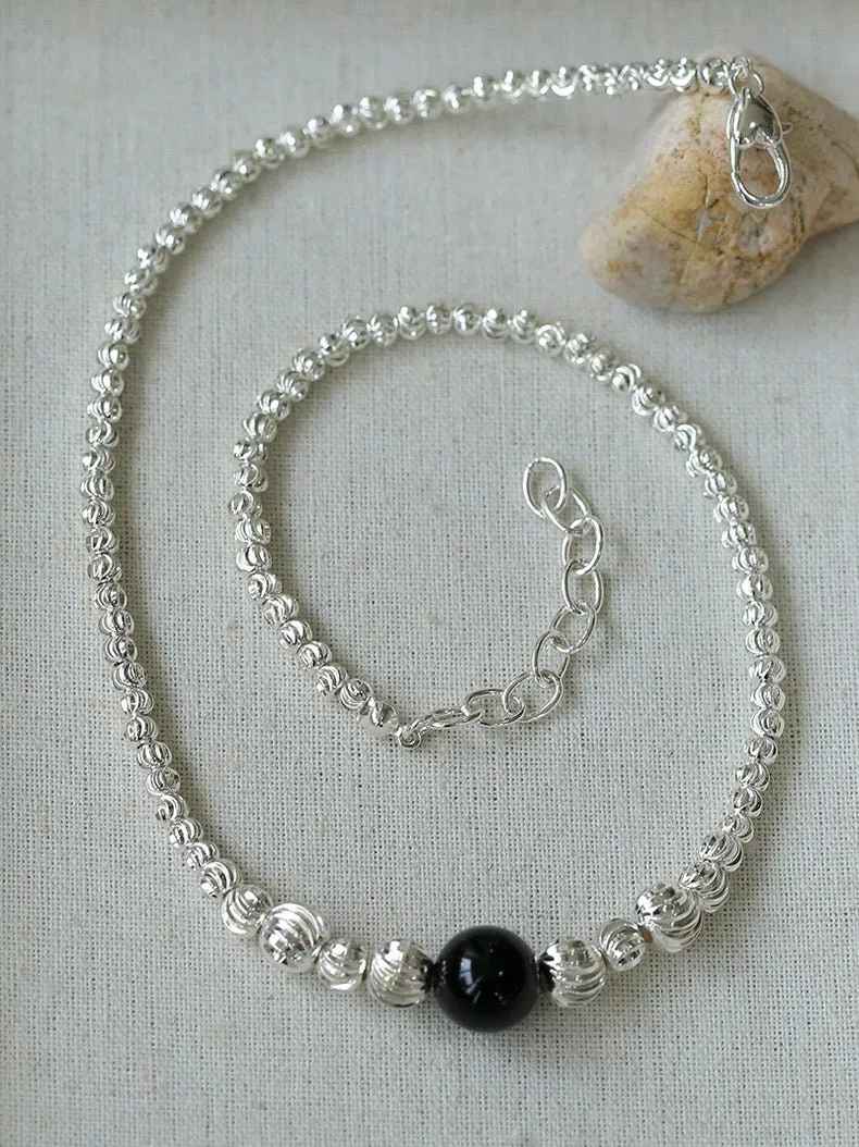 Graduated Silver Bean and Onyx Necklace