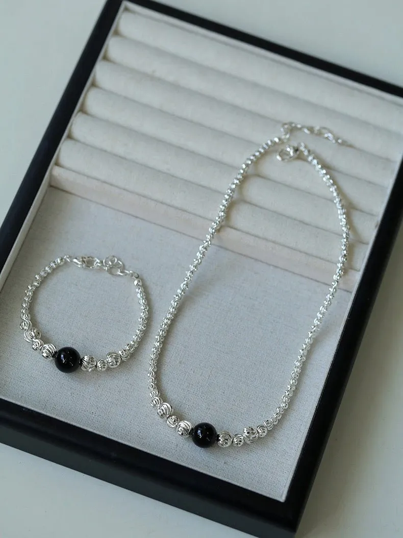 Graduated Silver Bean and Onyx Necklace