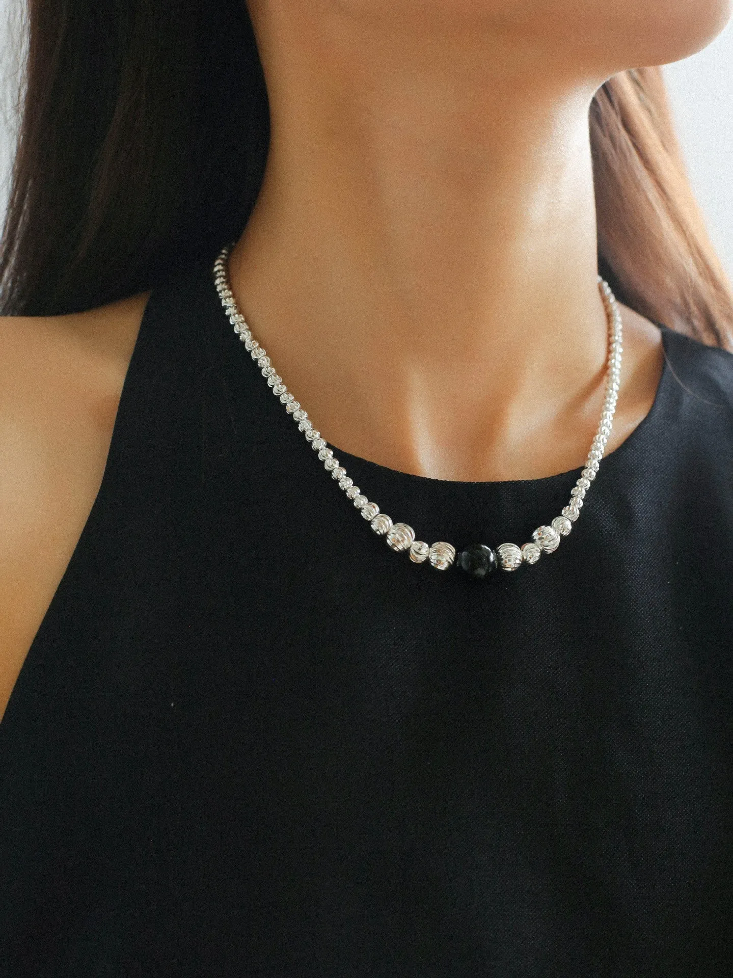 Graduated Silver Bean and Onyx Necklace