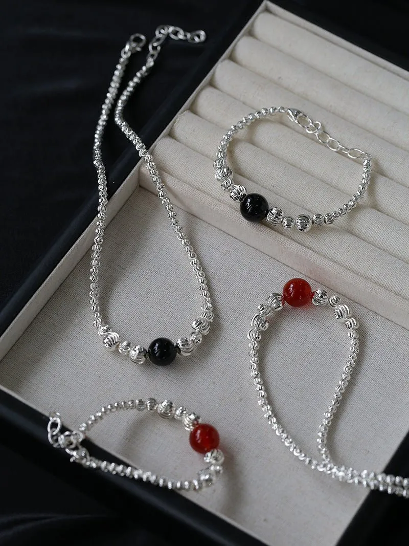 Graduated Silver Bean and Onyx Necklace