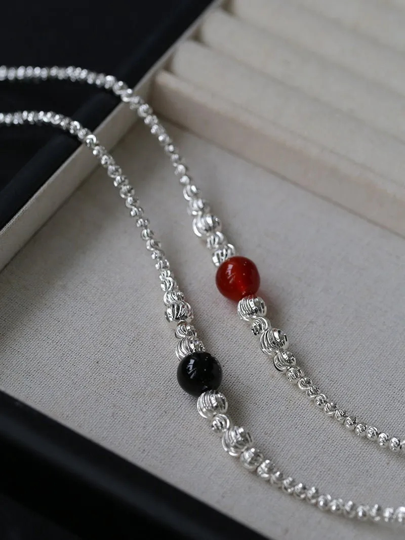 Graduated Silver Bean and Onyx Necklace