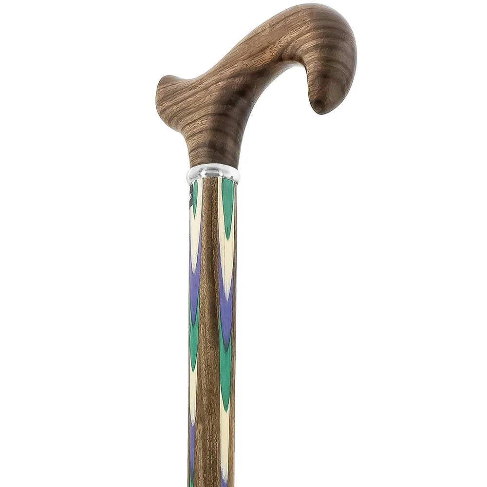 Green & Blue Inlaid Derby Walking Cane With Ovangkol Shaft and Silver Collar w/ SafeTbase