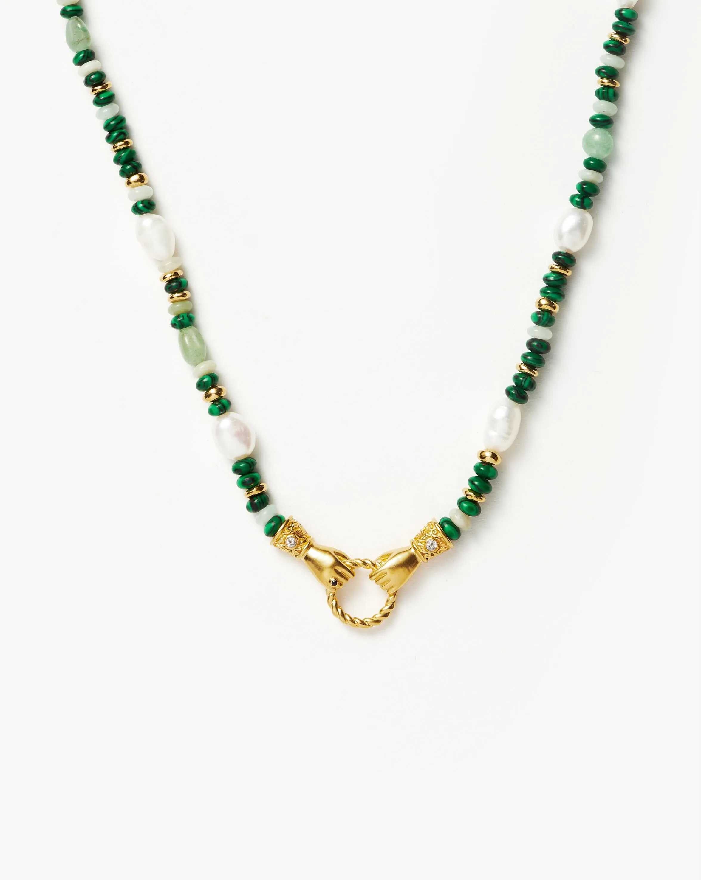 Harris Reed In Good Hands Beaded Gemstone Necklace | 18k Gold Plated/Multi Green Gemstone & Pearl