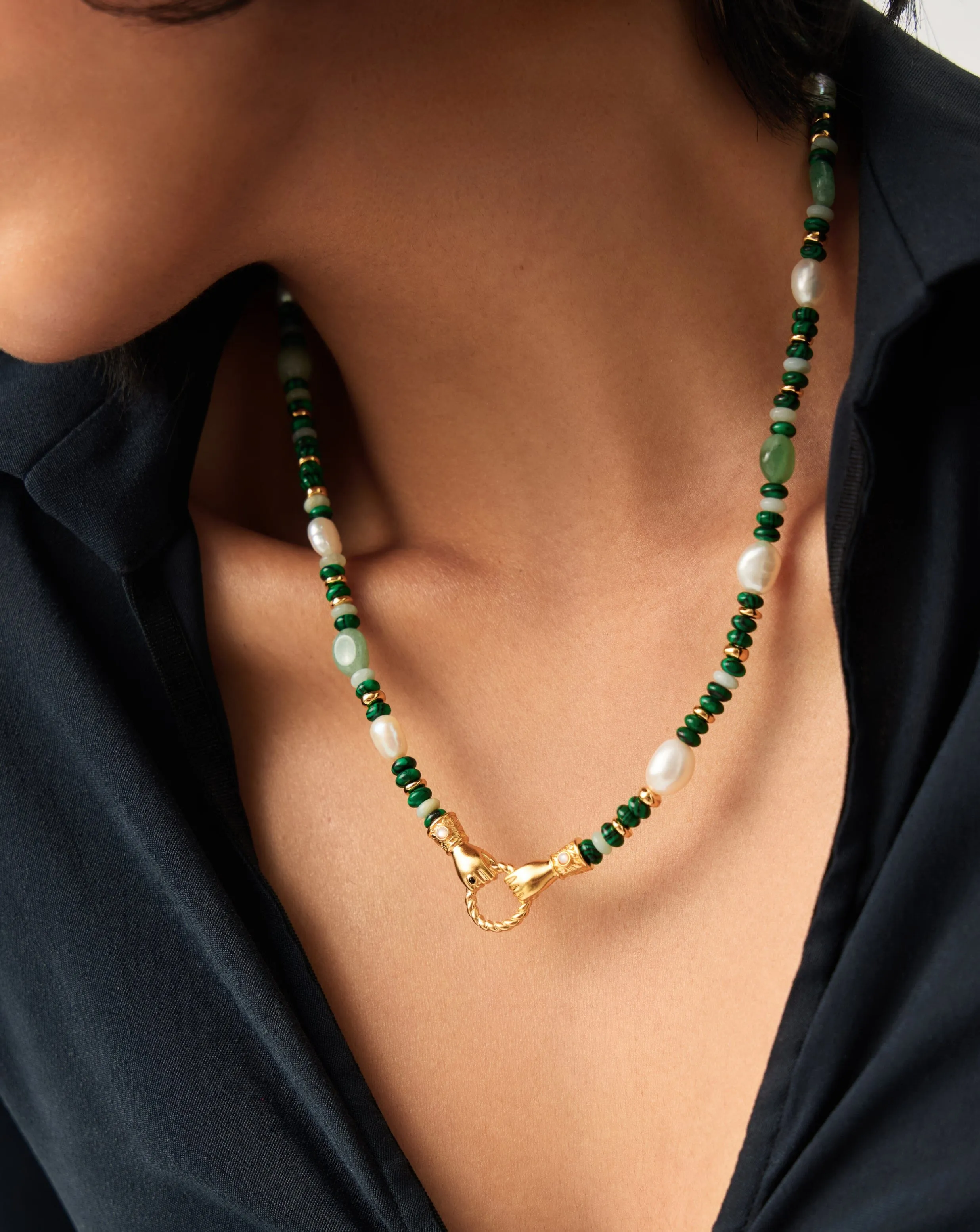 Harris Reed In Good Hands Beaded Gemstone Necklace | 18k Gold Plated/Multi Green Gemstone & Pearl