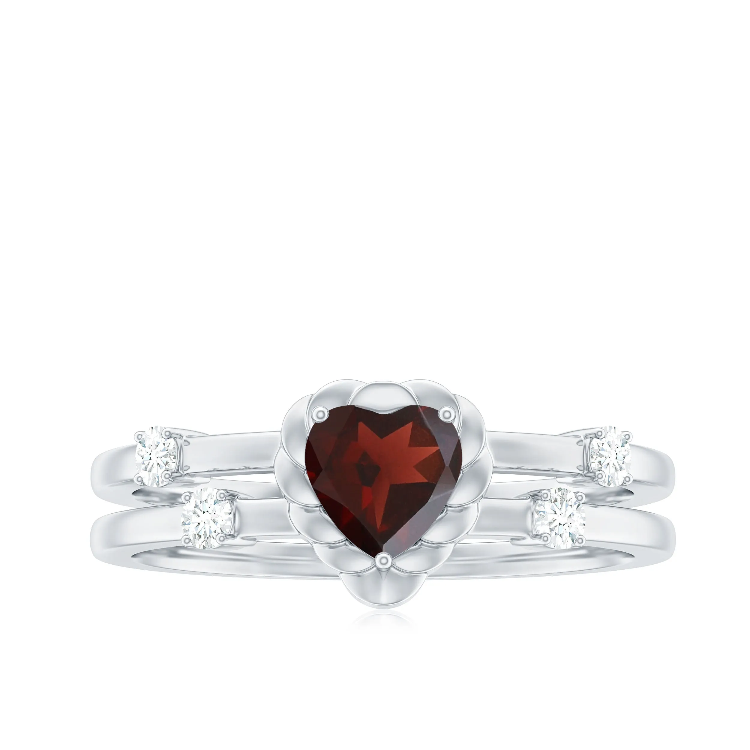 Heart Garnet Double Band Engagement Ring with Diamond