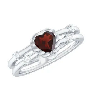 Heart Garnet Double Band Engagement Ring with Diamond