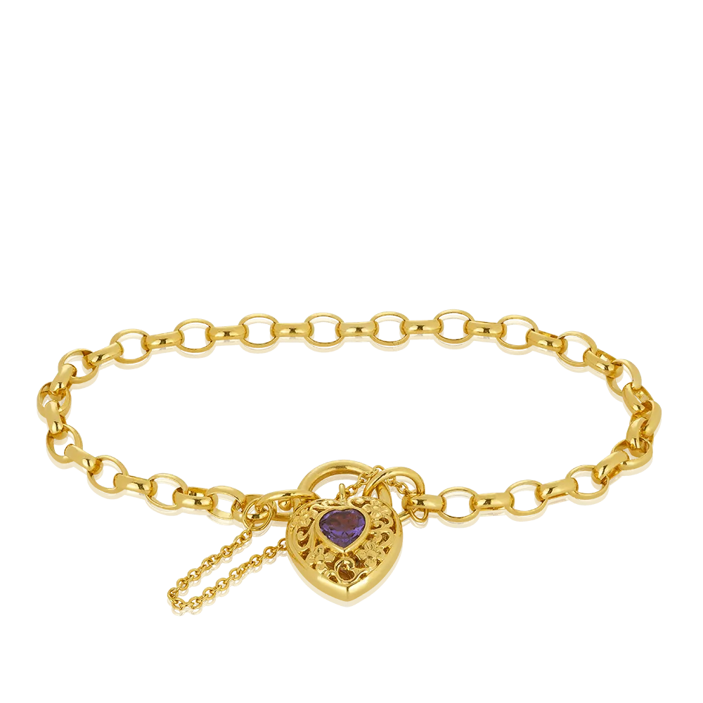 Heart Locket Amethyst Bracelet in 9ct Yellow Gold