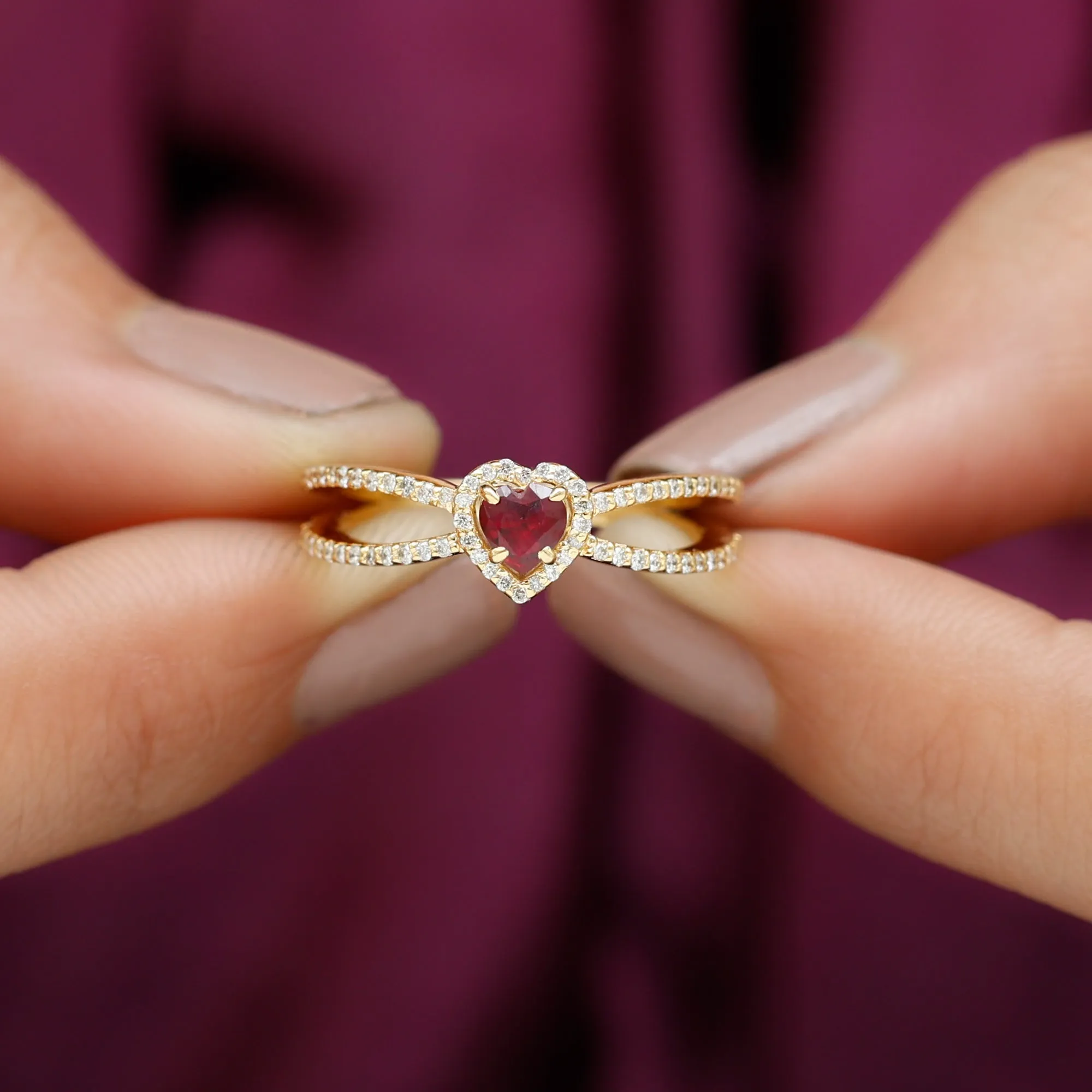 Heart Ruby Split Shank Engagement Ring with Diamond Accent