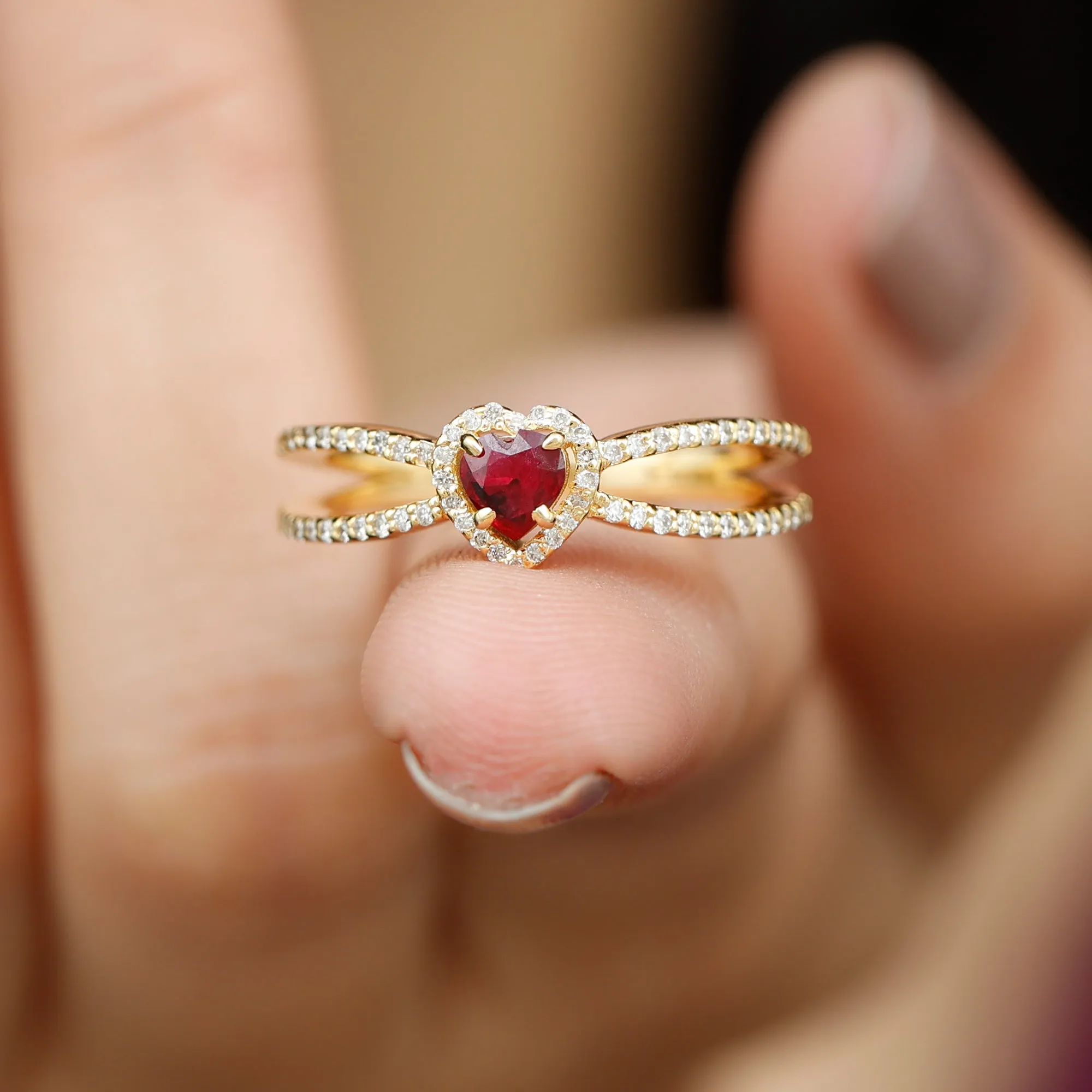 Heart Ruby Split Shank Engagement Ring with Diamond Accent