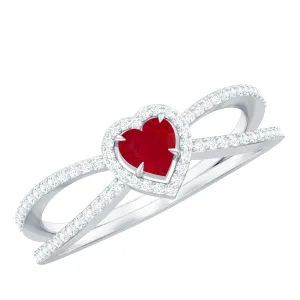 Heart Ruby Split Shank Engagement Ring with Diamond Accent