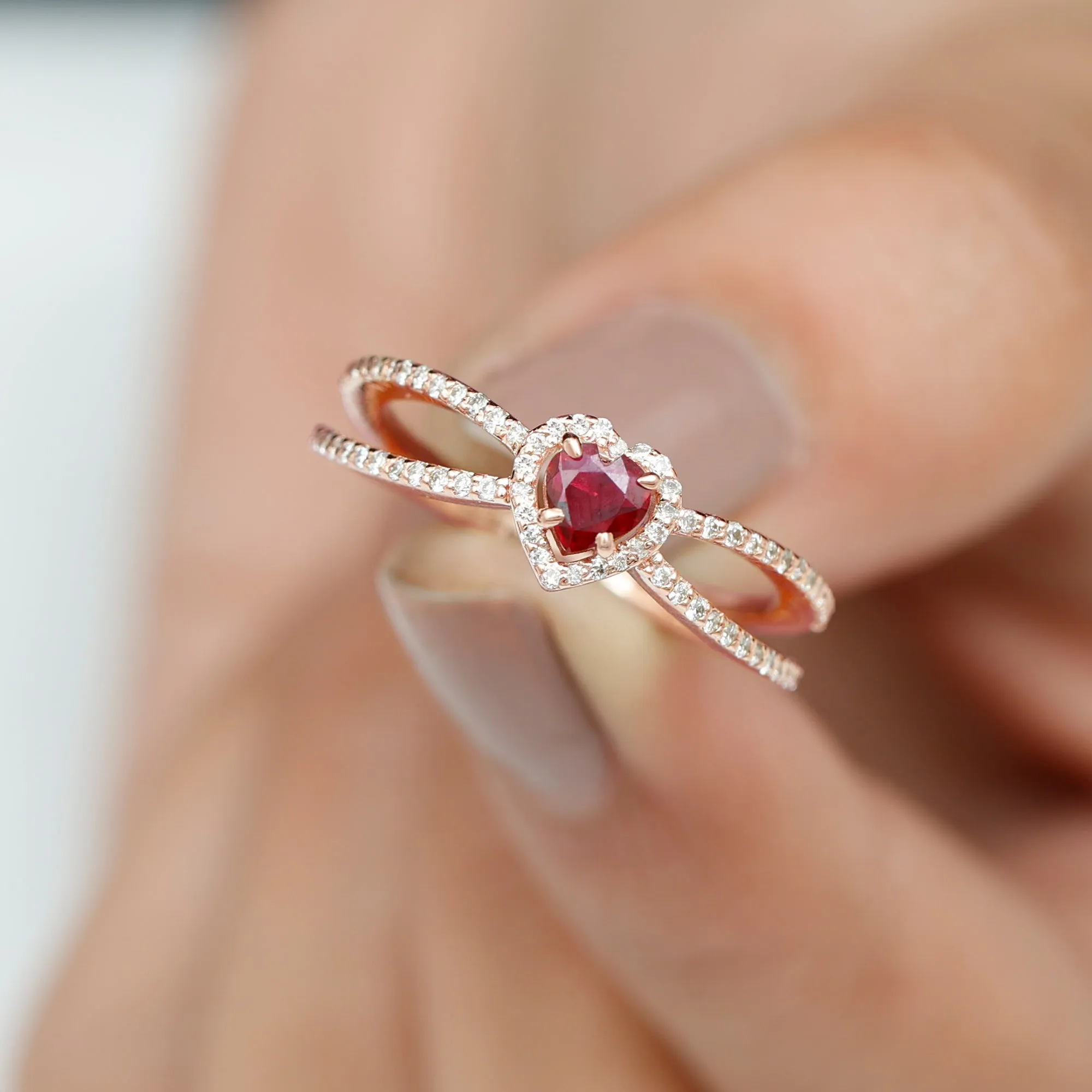 Heart Ruby Split Shank Engagement Ring with Diamond Accent