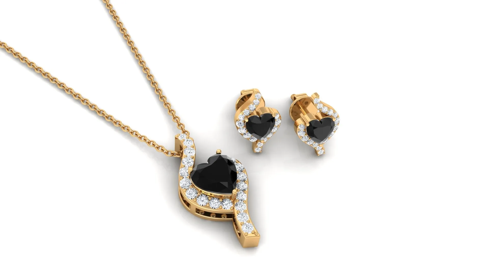 Heart Shape Black Onyx and Diamond Jewelry Set