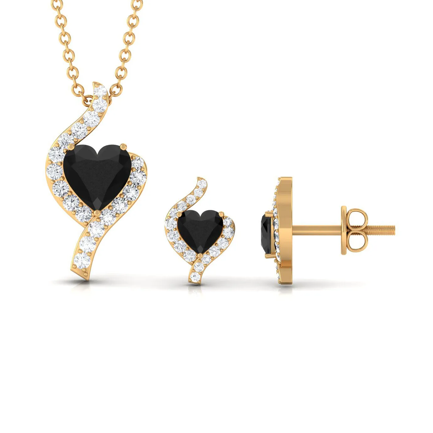 Heart Shape Black Onyx and Diamond Jewelry Set