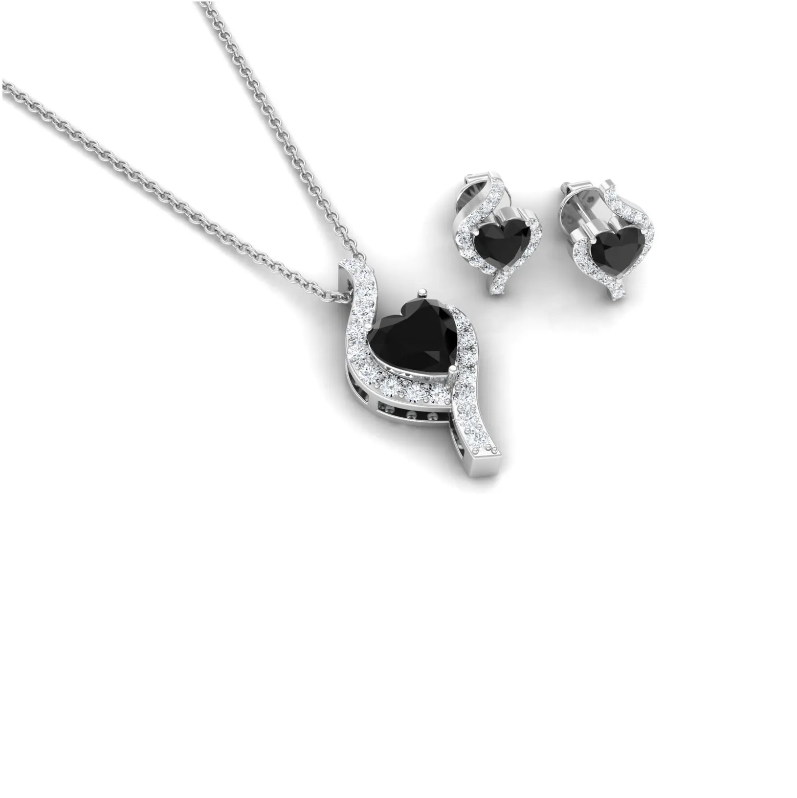 Heart Shape Black Onyx and Diamond Jewelry Set