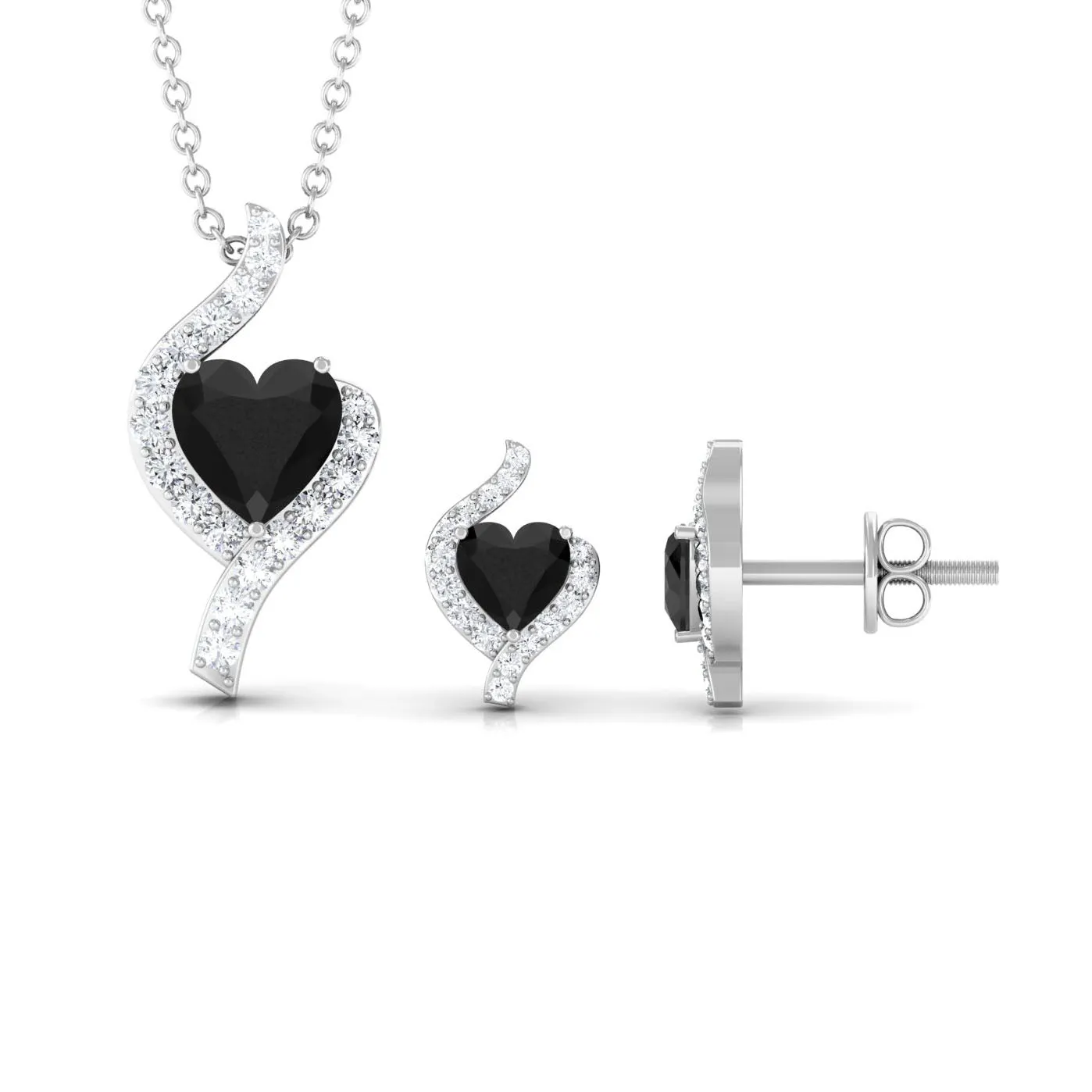 Heart Shape Black Onyx and Diamond Jewelry Set