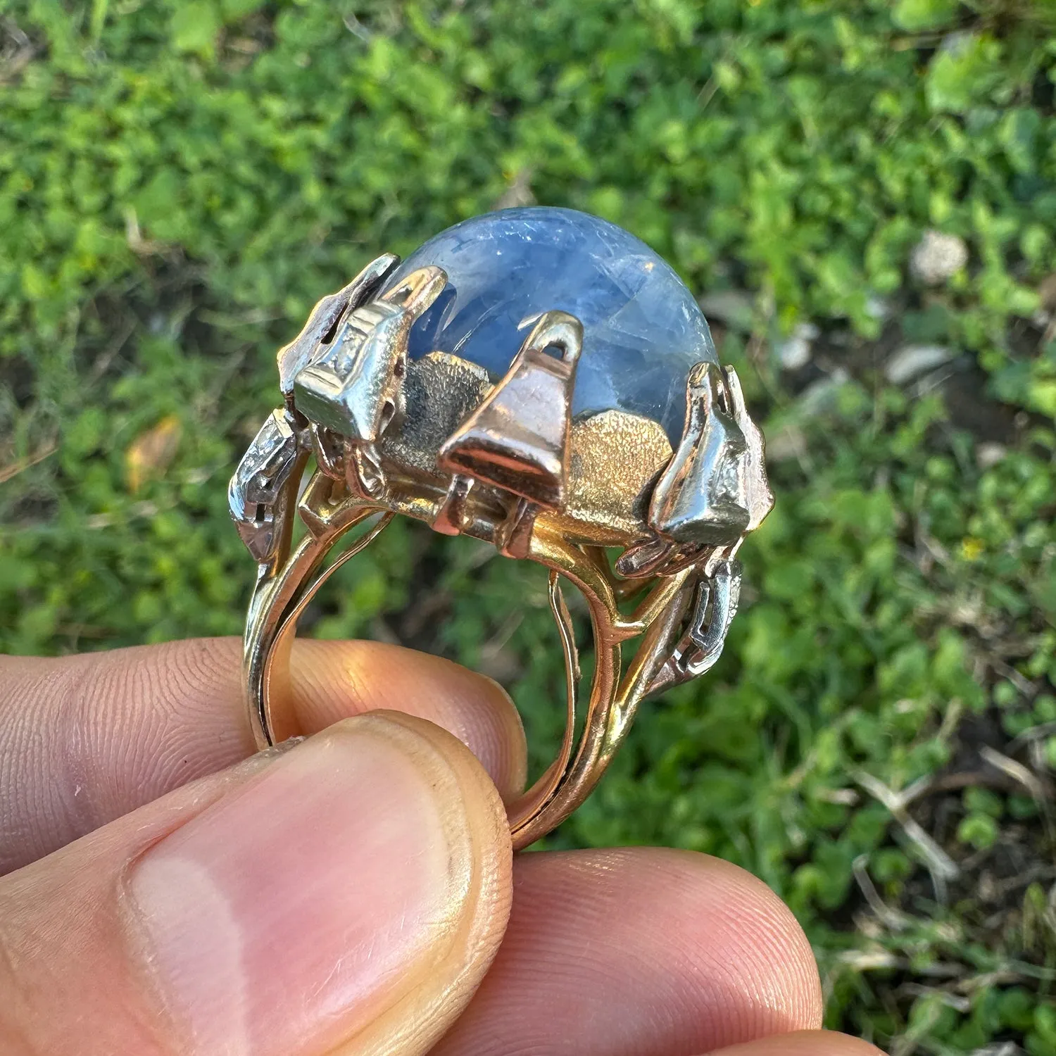 HUGE 55 Carat Blue Star Sapphire Diamond Custom Ring 18K Tri-Color Gold