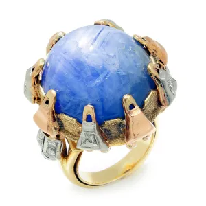 HUGE 55 Carat Blue Star Sapphire Diamond Custom Ring 18K Tri-Color Gold