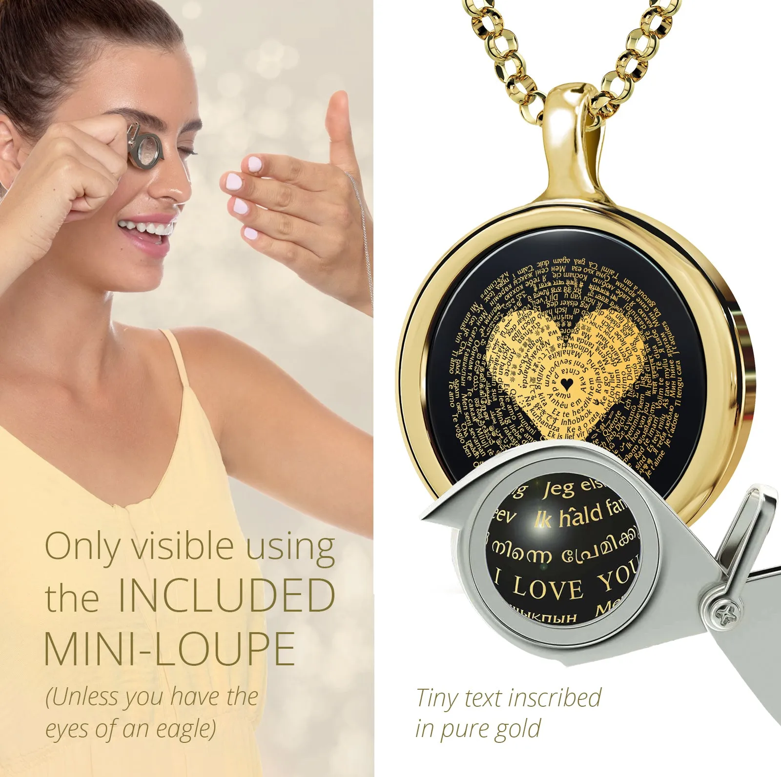 I Love You Necklace in 120 Languages 24k Gold Inscribed on Round Onyx