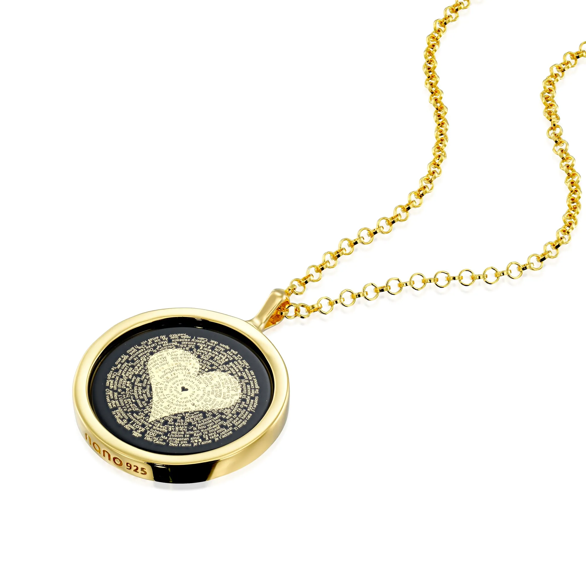 I Love You Necklace in 120 Languages 24k Gold Inscribed on Round Onyx