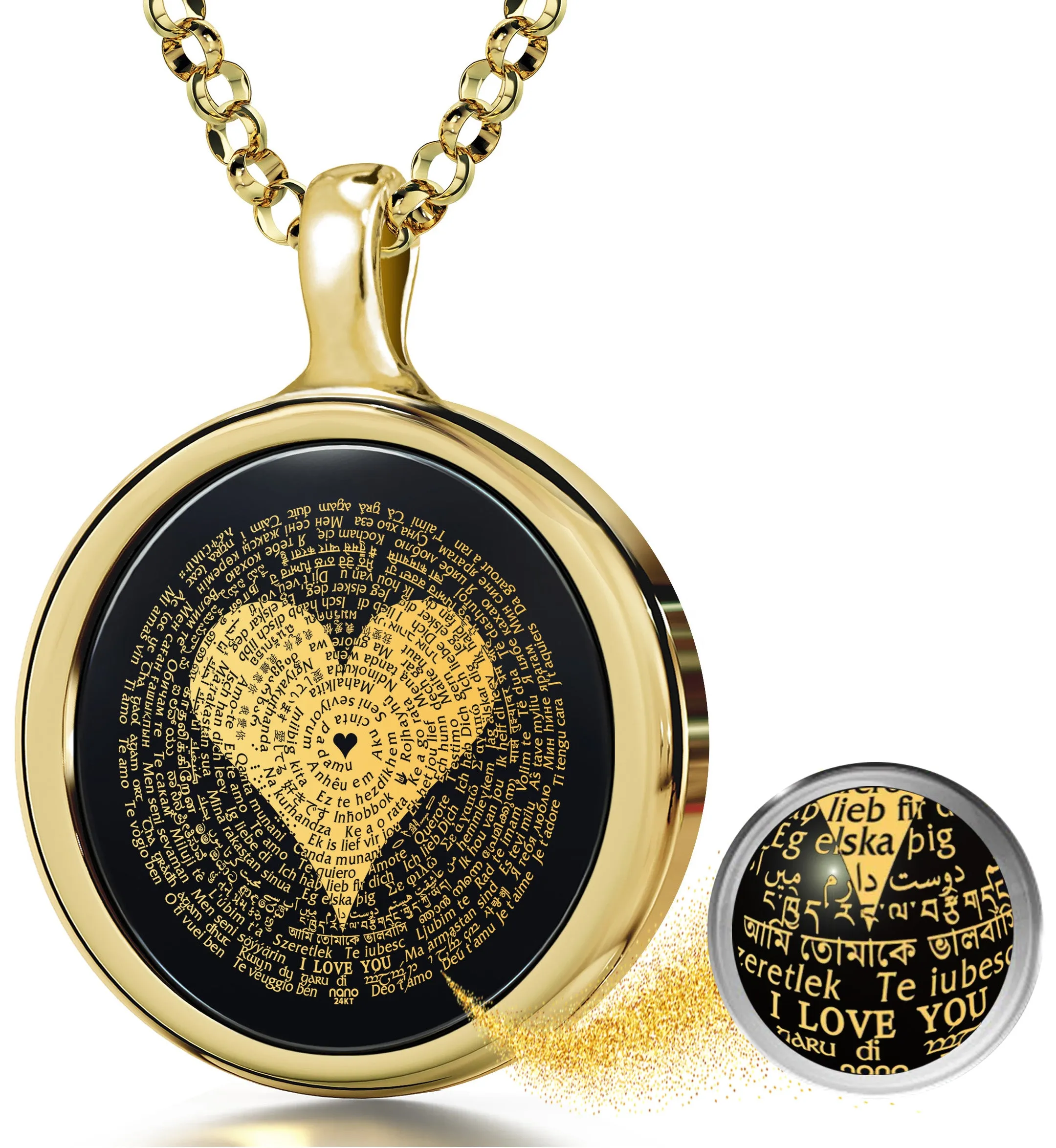 I Love You Necklace in 120 Languages 24k Gold Inscribed on Round Onyx