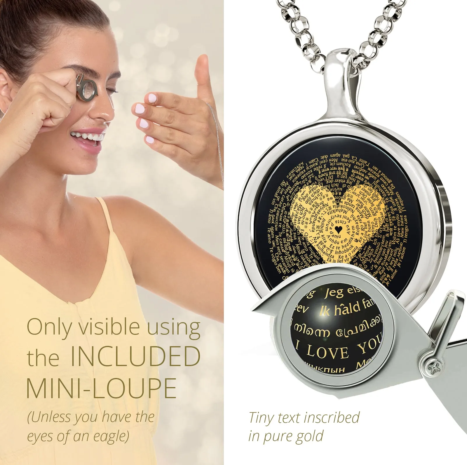 I Love You Necklace in 120 Languages 24k Gold Inscribed on Round Onyx