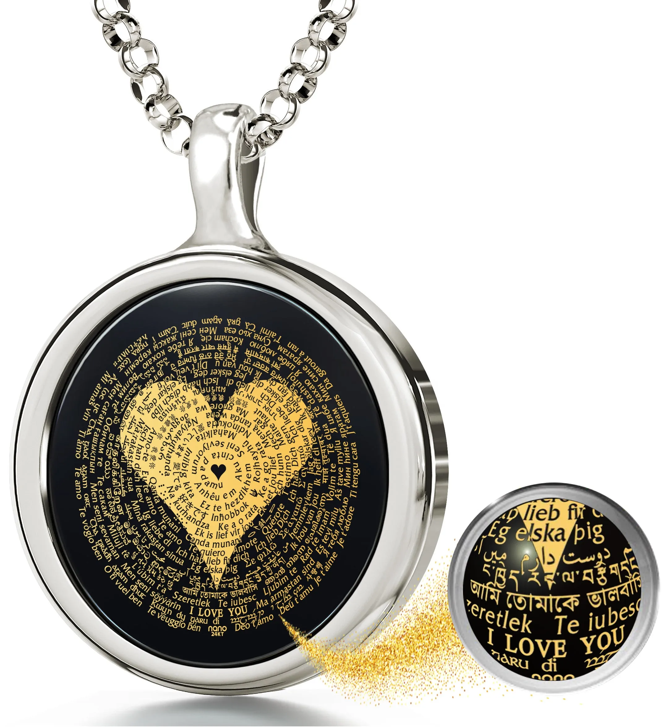 I Love You Necklace in 120 Languages 24k Gold Inscribed on Round Onyx