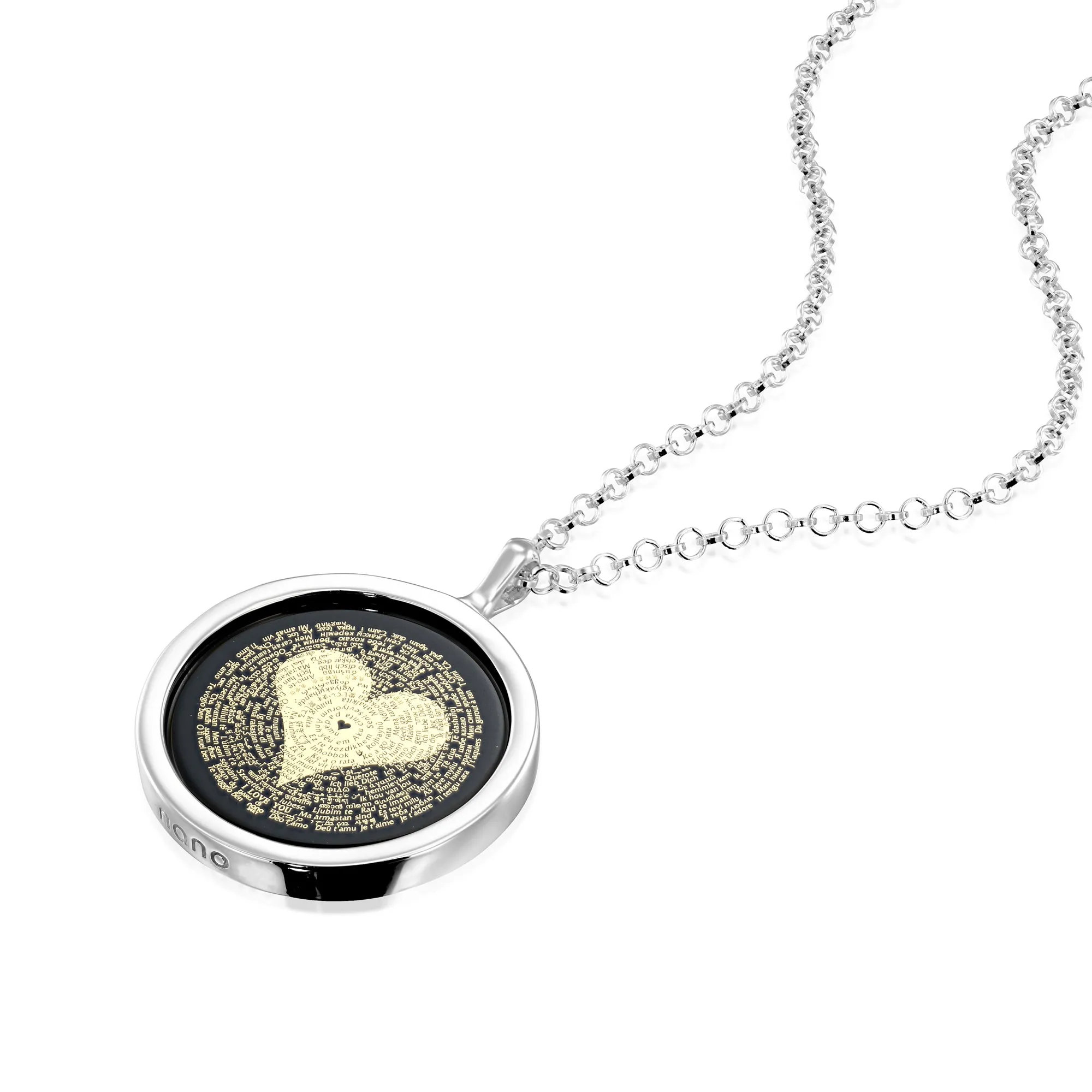 I Love You Necklace in 120 Languages 24k Gold Inscribed on Round Onyx