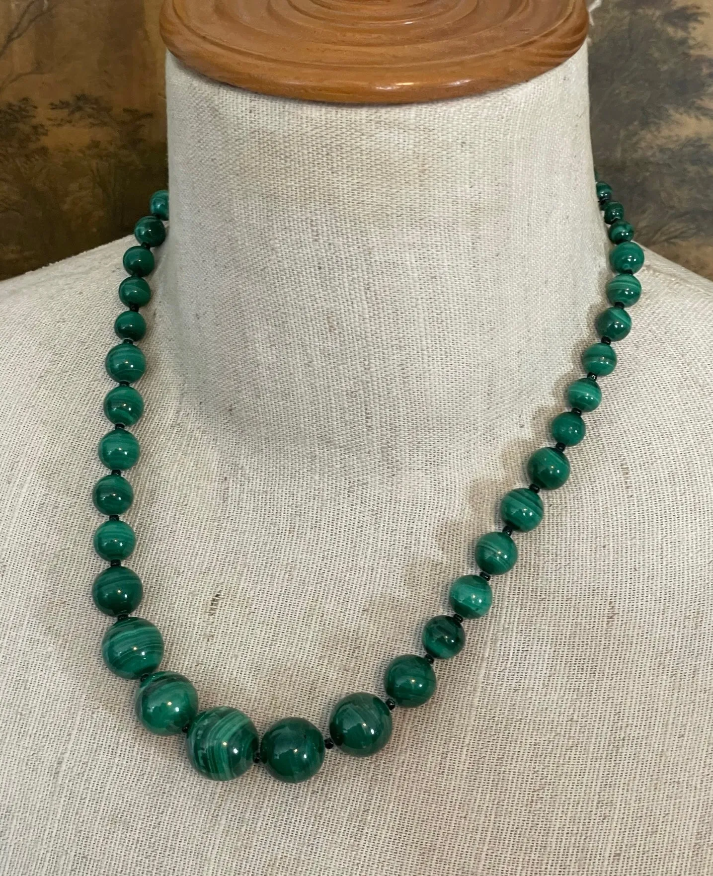 Lee Sands Vintage Sterling Silver Graduated Malachite Onyx Beads 19" Necklace