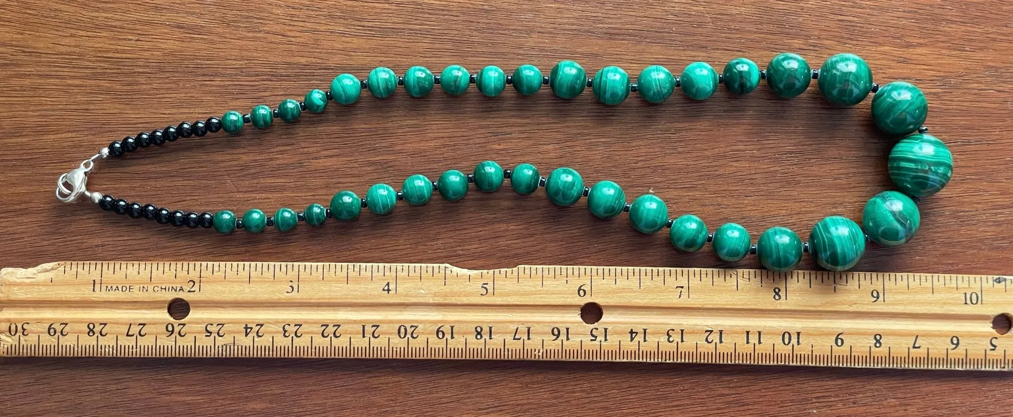 Lee Sands Vintage Sterling Silver Graduated Malachite Onyx Beads 19" Necklace