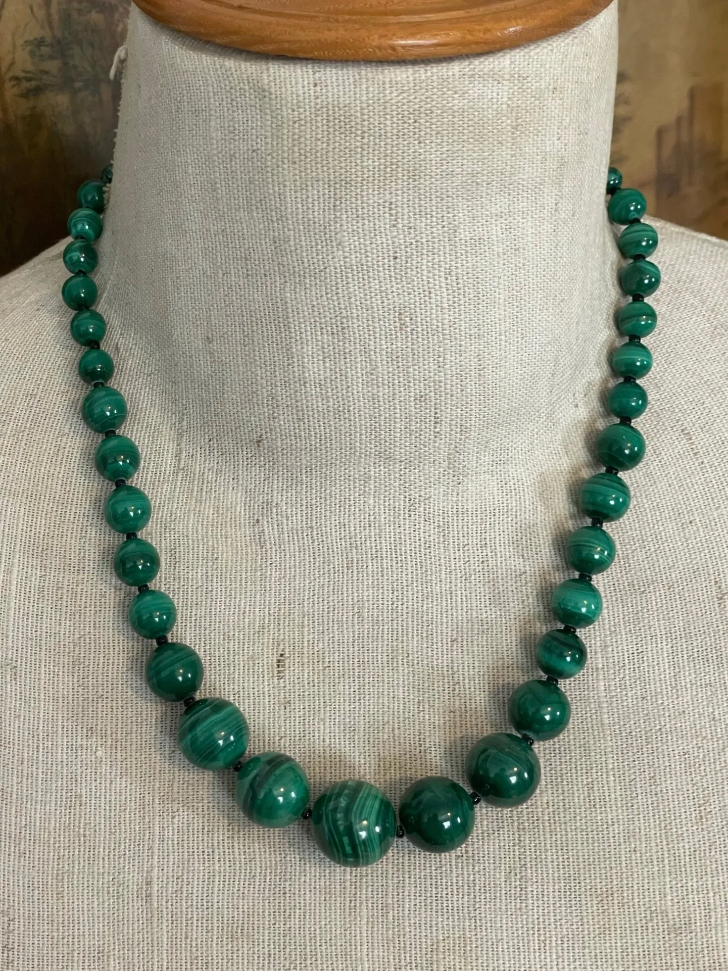 Lee Sands Vintage Sterling Silver Graduated Malachite Onyx Beads 19" Necklace