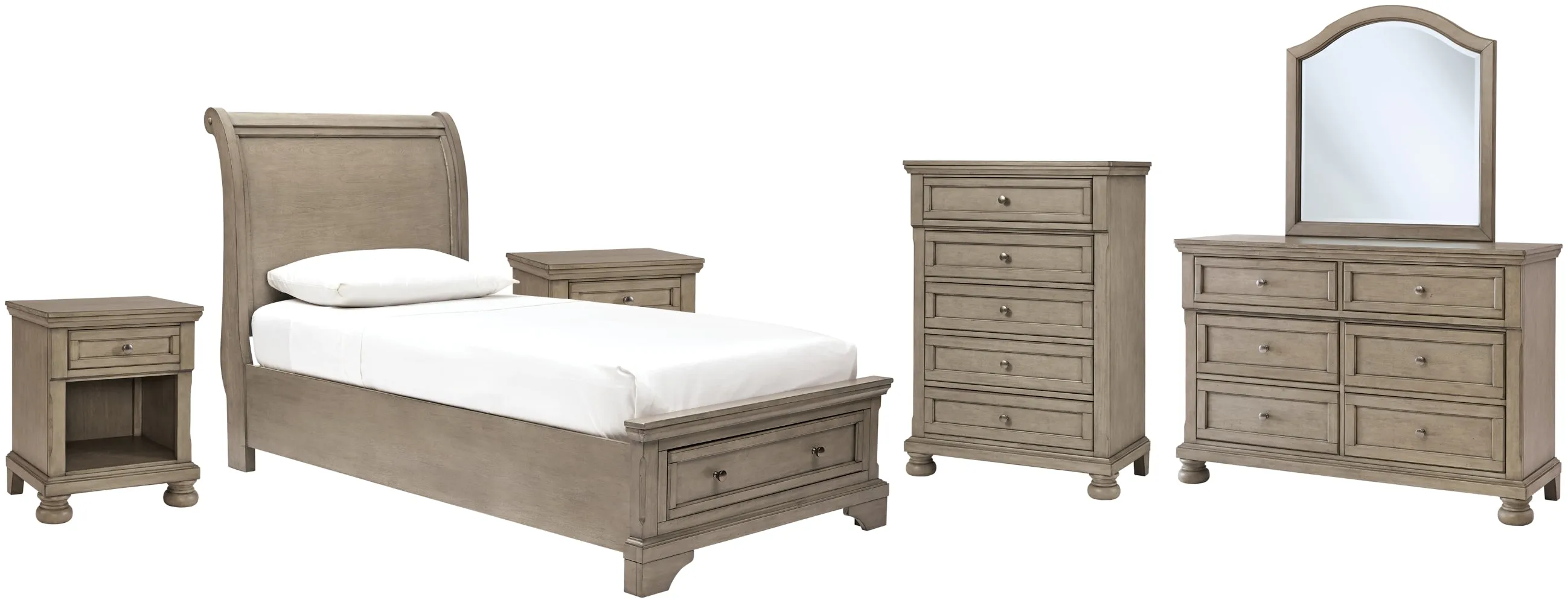 Lettner Twin Sleigh Bed with Mirrored Dresser, Chest and 2 Nightstands