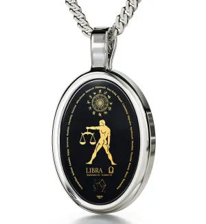 Libra Necklace Zodiac Pendant 24k Gold Inscribed on Onyx Stone