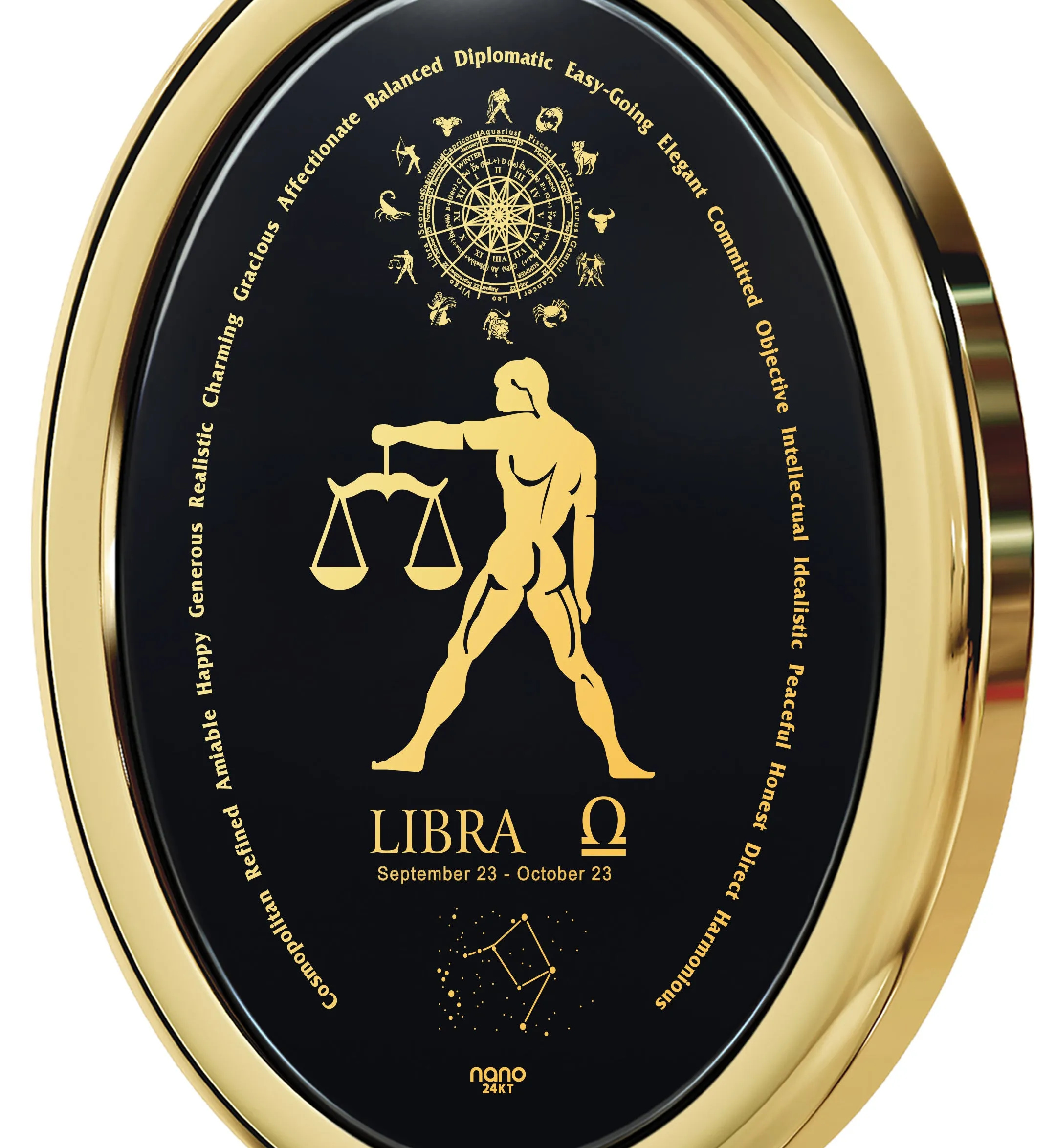 Libra Necklace Zodiac Pendant 24k Gold Inscribed on Onyx Stone