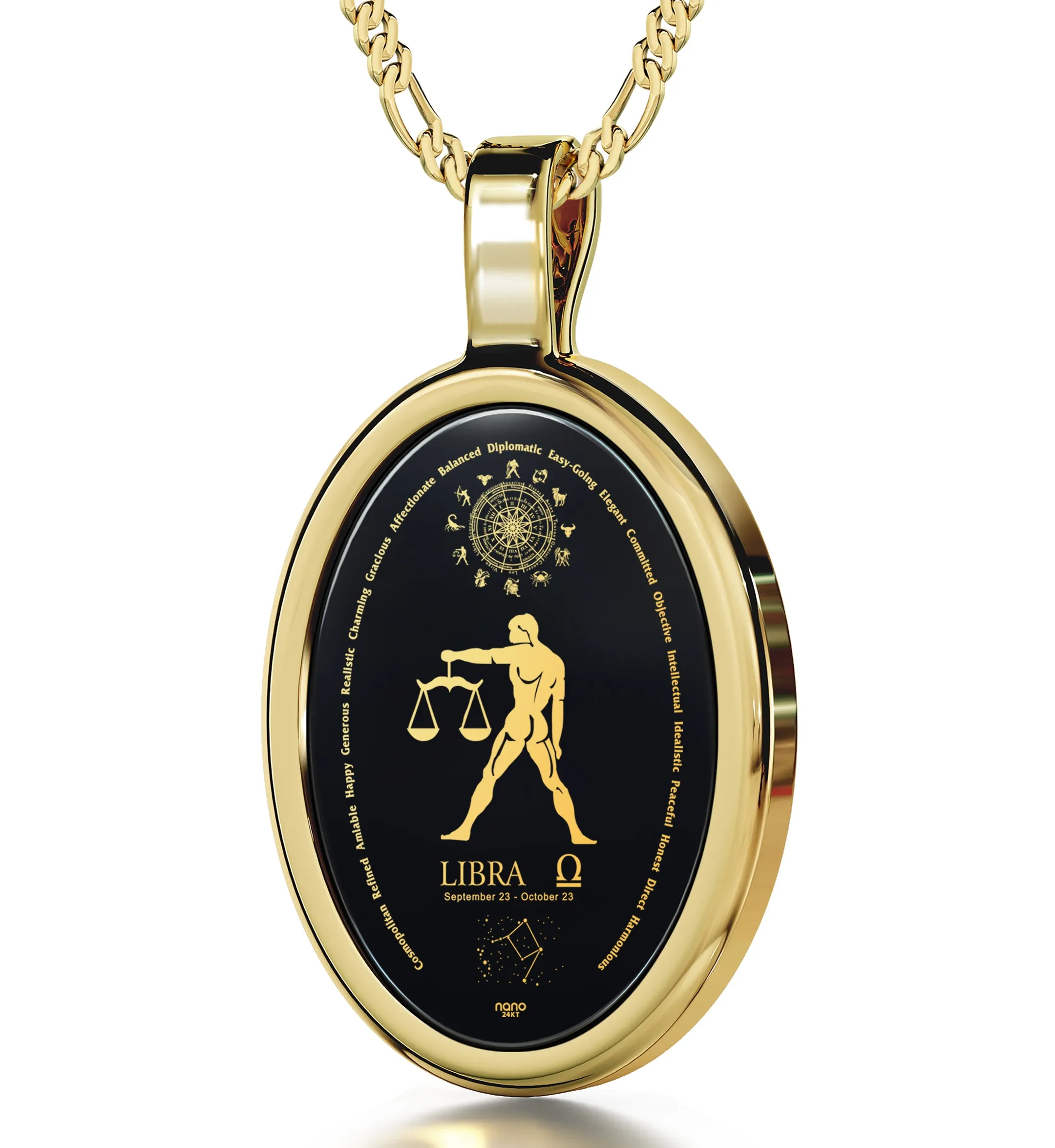 Libra Necklace Zodiac Pendant 24k Gold Inscribed on Onyx Stone