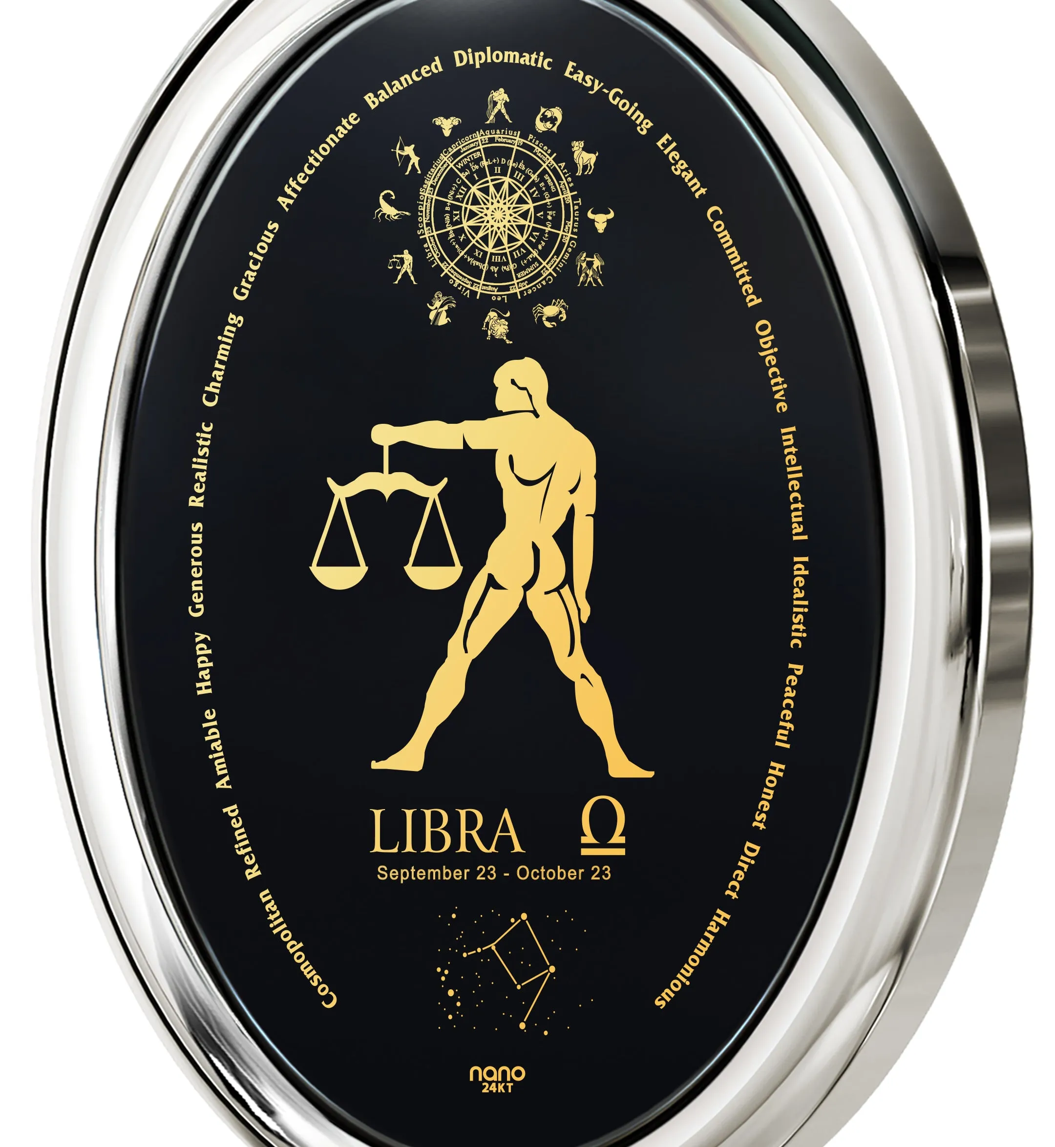 Libra Necklace Zodiac Pendant 24k Gold Inscribed on Onyx Stone