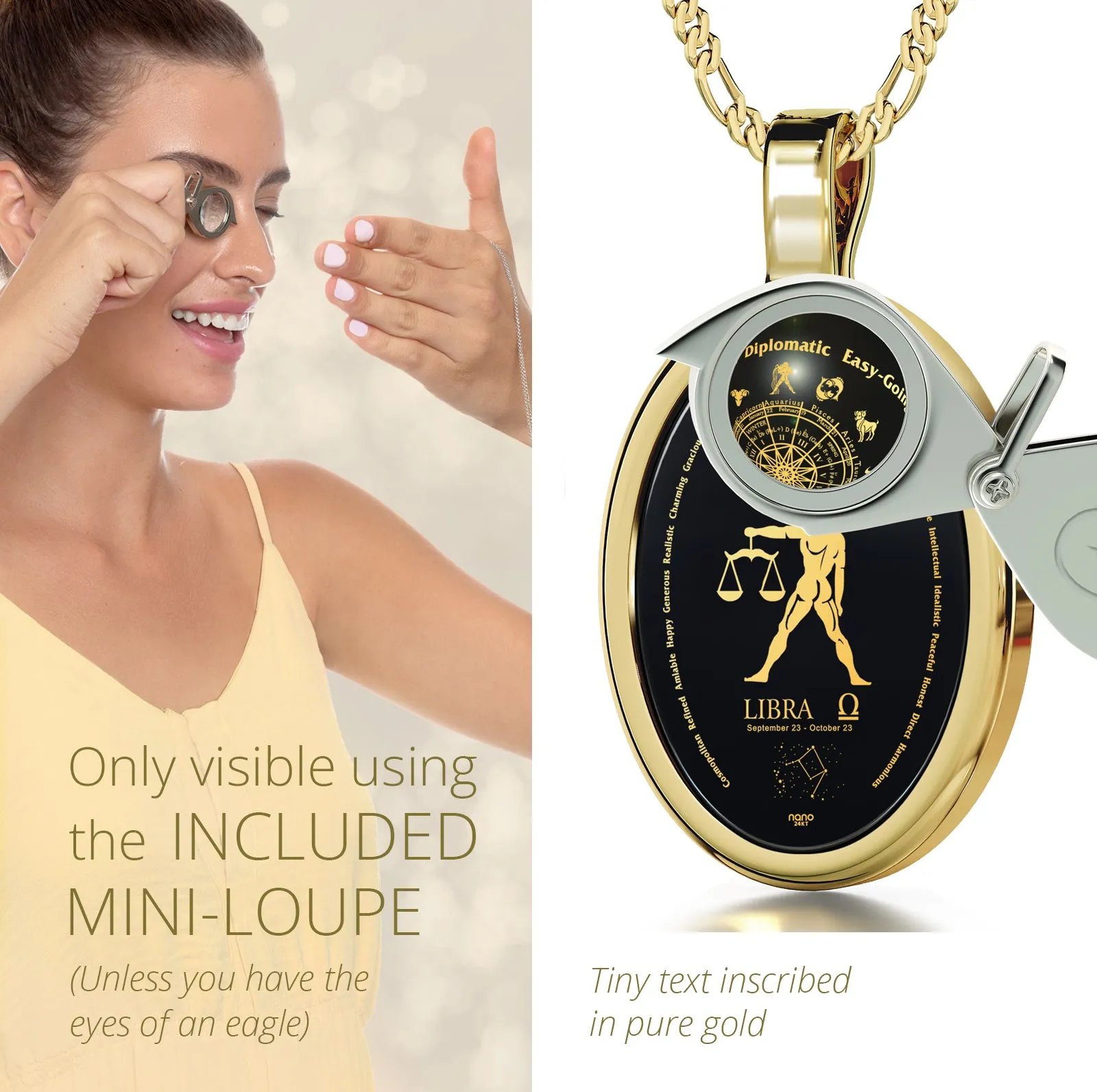 Libra Necklace Zodiac Pendant 24k Gold Inscribed on Onyx Stone