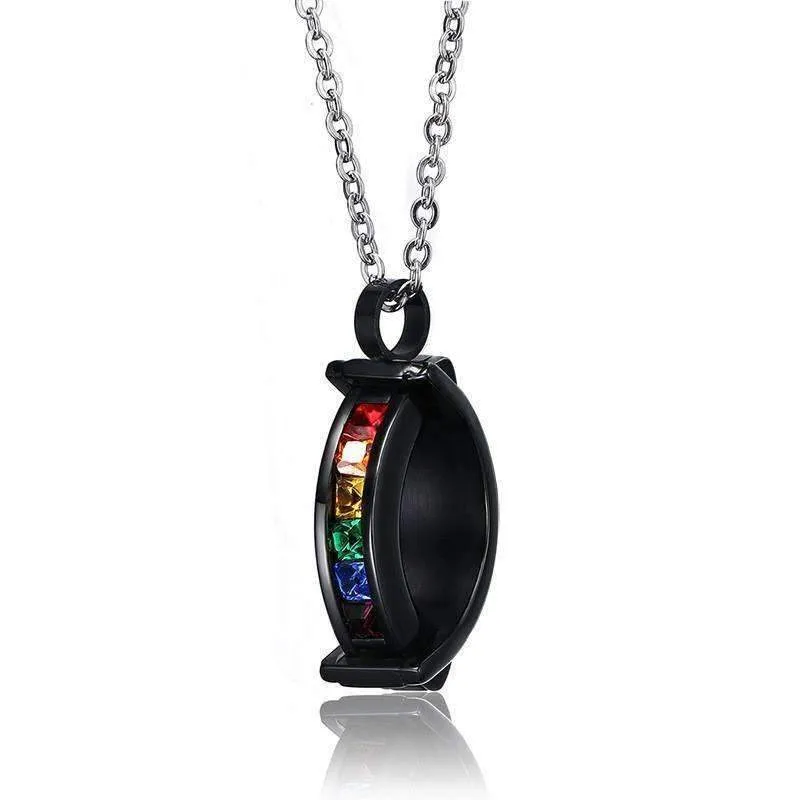 Matte Black Rainbow Rhinestone Pendant Necklace