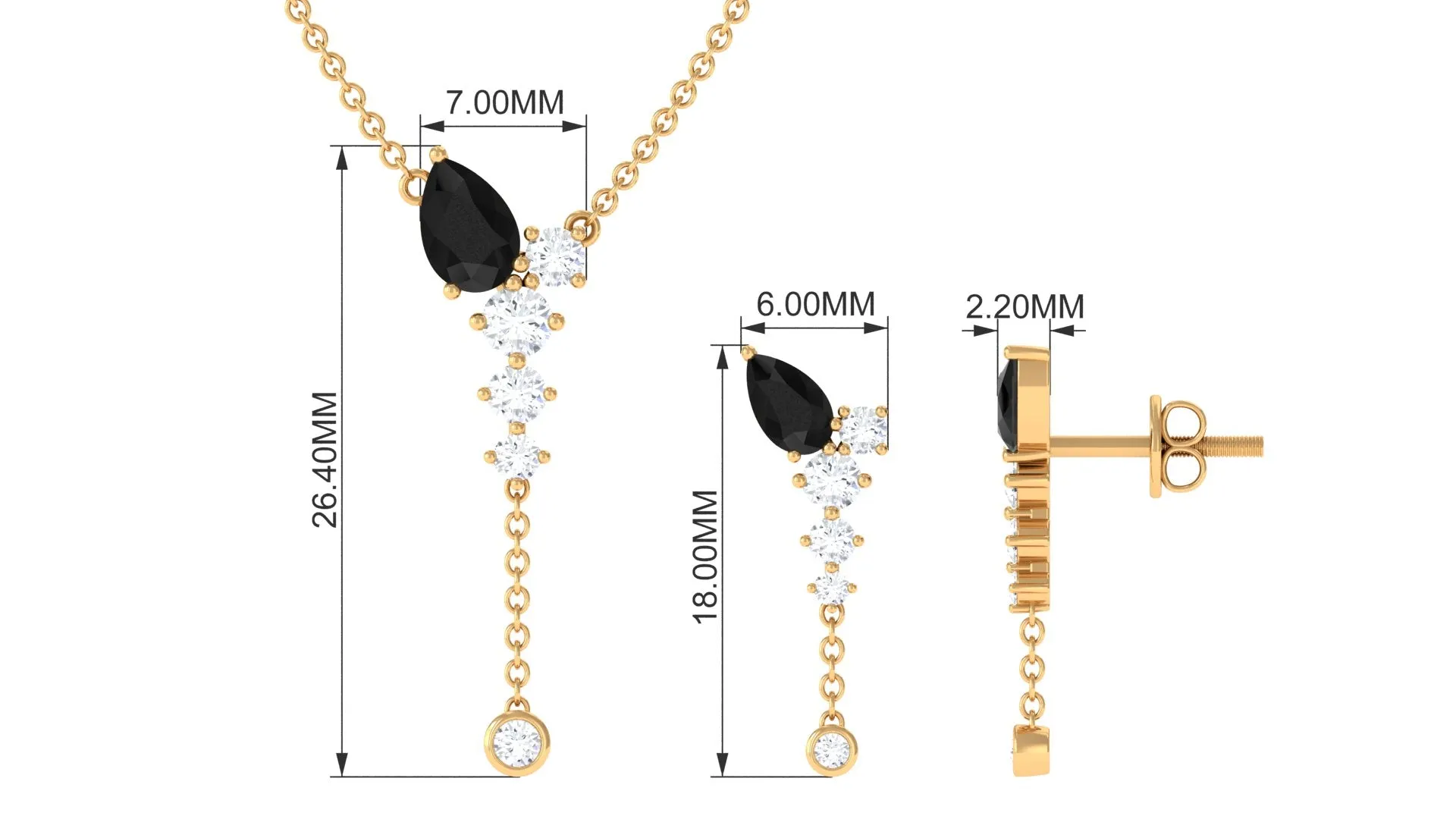 Minimal Black Onyx Dangle Necklace and Earrings Set in Gold with Moissanite