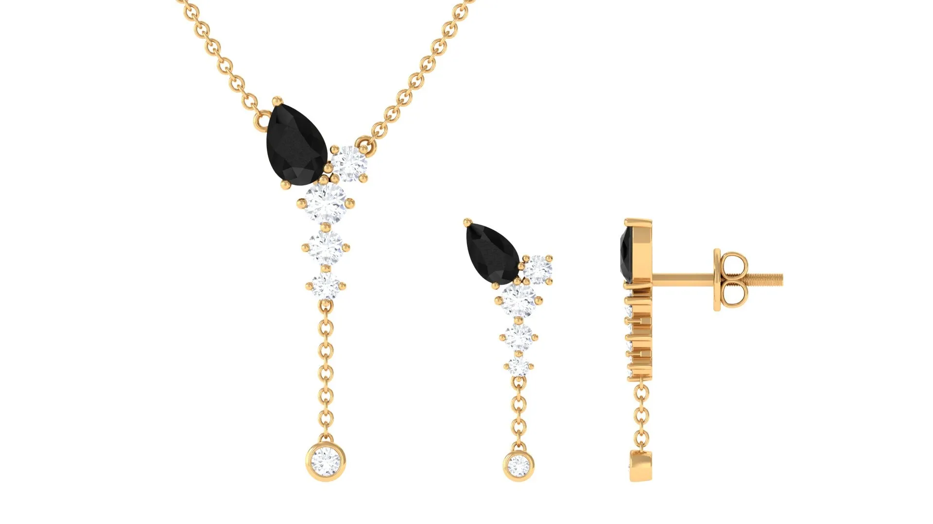 Minimal Black Onyx Dangle Necklace and Earrings Set in Gold with Moissanite