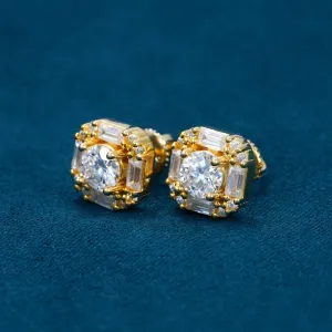 Moissanite Baguette Halo Stud Earrings 14K Gold