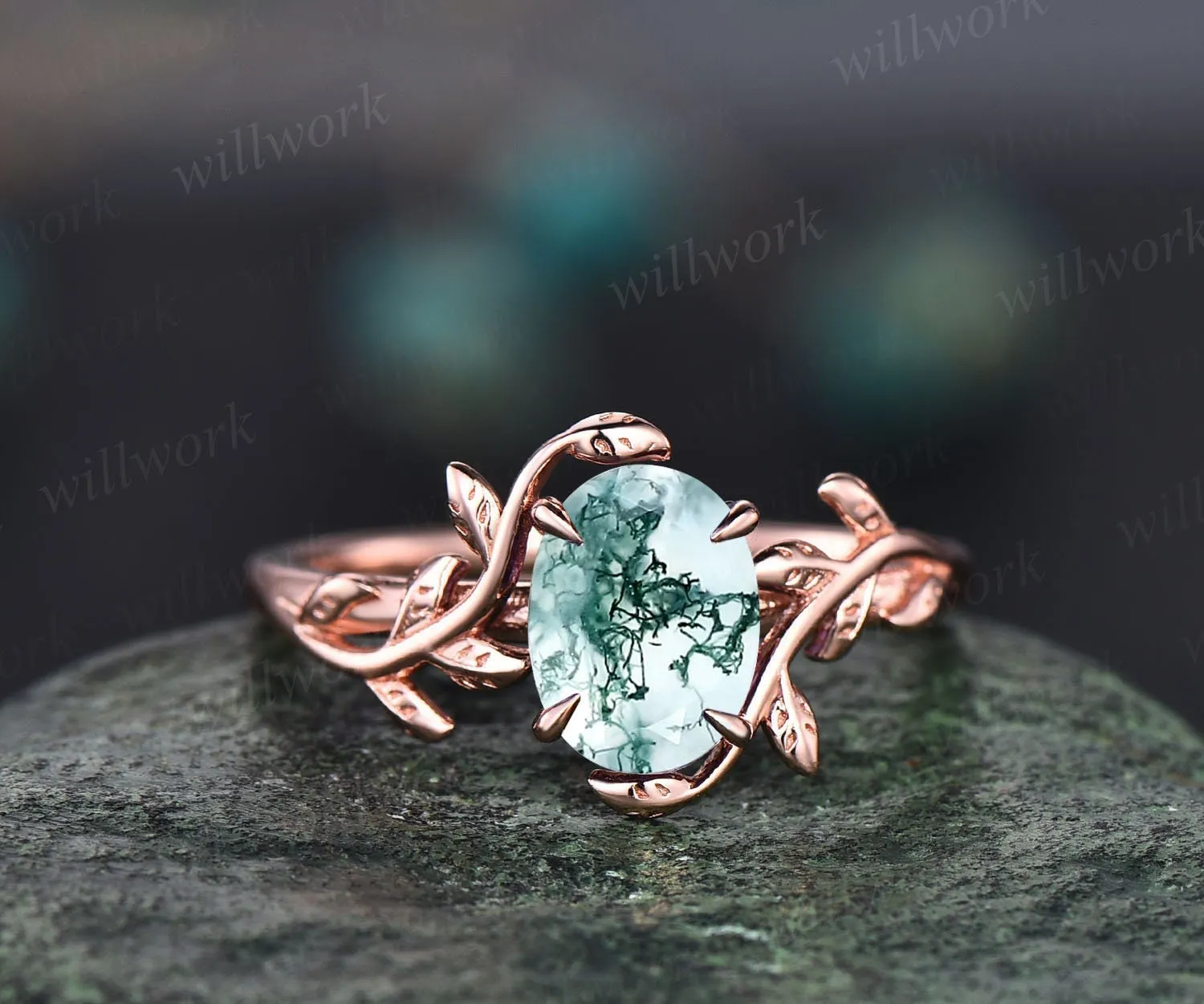 moss agate engagement ring leaf flower