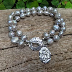 Multi Strand Grey Pearl Angel Cherub Rafael Charm Bracelet