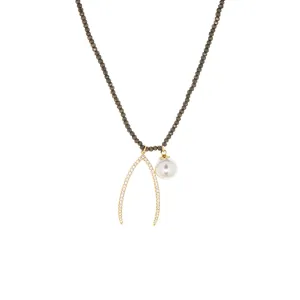 natural stone necklace with wishbone   pearl charms